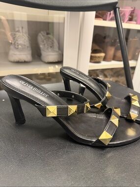 Olivia Miller Black Leather Studded Heeled Mules with Gold Accents